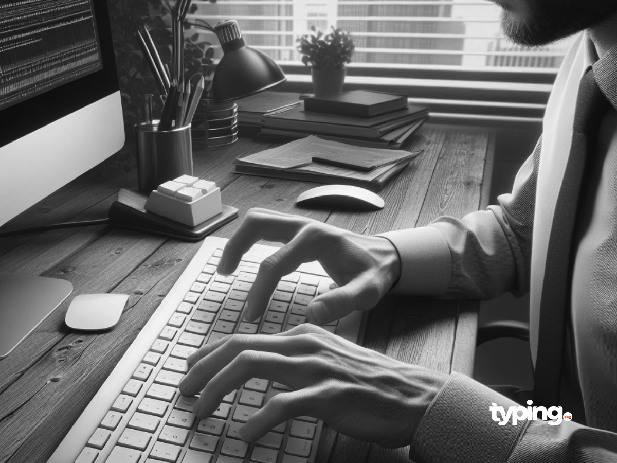 Close-up of a man in a business suit typing on a computer keyboard in a modern office.
