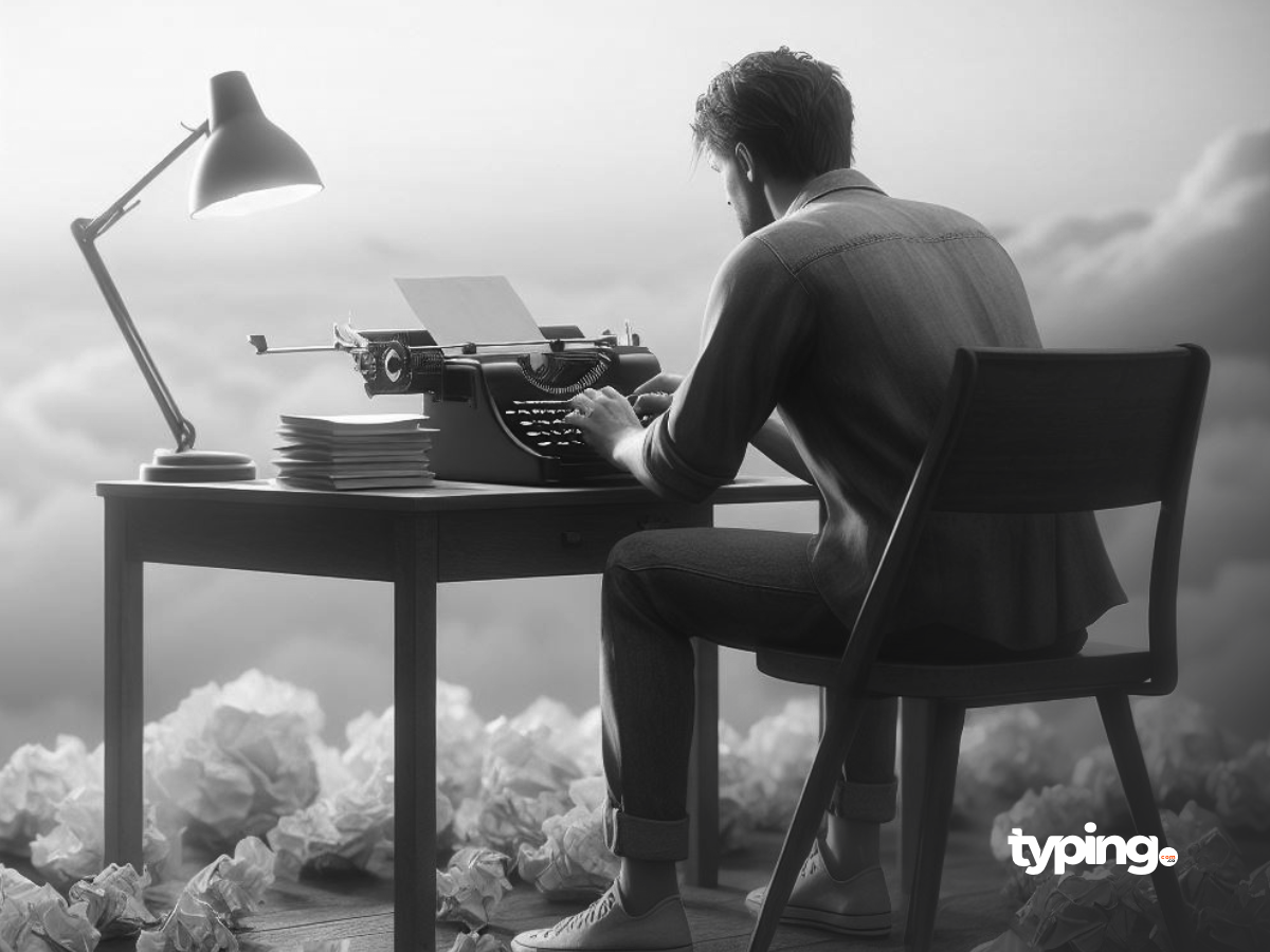 Dedicated Writer Typing on Vintage Typewriter | Typing.com.co Man typing on a typewriter at a desk with papers and crumpled sheets, set against a backdrop of clouds.